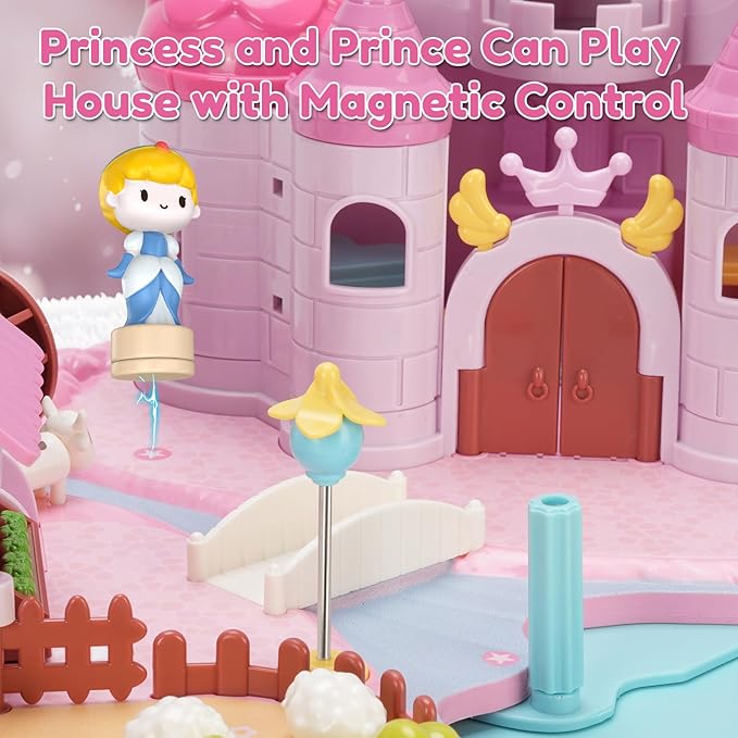 Dream Princess Play Set ,12.2*8.6*8.8 inches with 4 Magnetic Control Movable Toys, Magnetic Doll House Building Toys with Light Music, Toy Gift for Girls Kids Ages 6+（Pink）