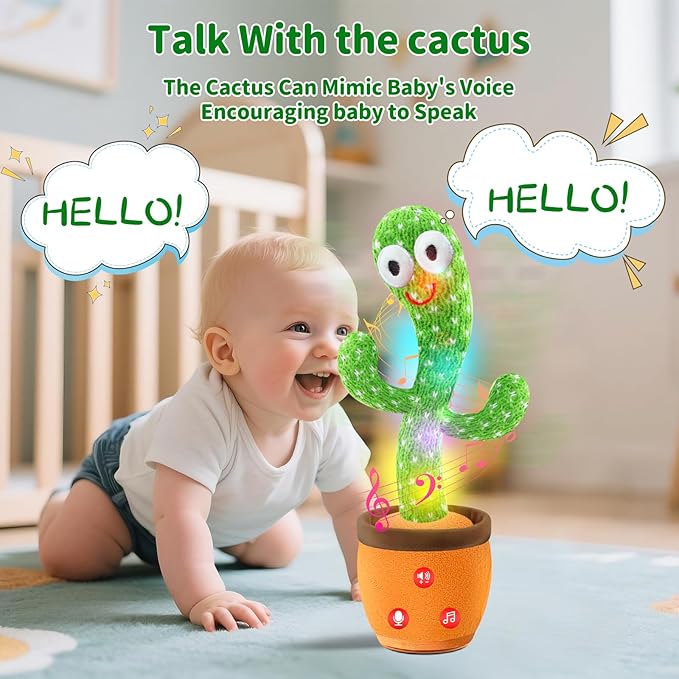 Rechargeable Dancing Talking Cactus Toy with Adjustable Volume, Interactive Cactus Baby Toys for Toddler, Boys Girls Gifts Singing Mimicking Recording Repeating What You Say with 120 English Songs