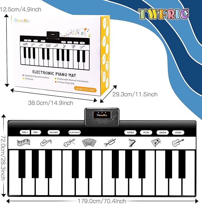 TWFRIC 6ft. Piano Mat with 24 Keys & 10 Demos & 8 Musical Instruments Sounds & 4 Play Modes, Giant Dance Floor Piano Music Play Mat 71'' Large Interactive Musical Toys Gifts for Kids Adults Toddlers