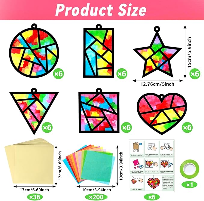 Qyeahkj 36 Set Geometric Shapes Suncatcher Crafts for Kids DIY Star Window Tissue Paper Craft Kit Triangle Heart Hanging Decor for Summer School Home Activity Art Project Birthday Party Favor Gift