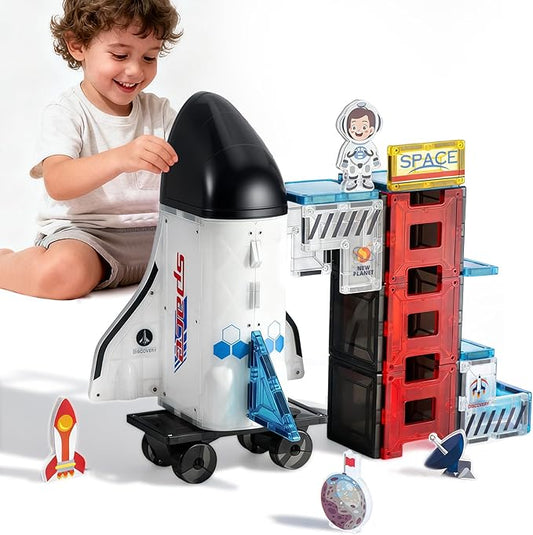 Space Theme Magnetic Tiles Building Set, 30-Piece Construction Toy with Rocket Ship Design, Educational STEM Playset for Kids