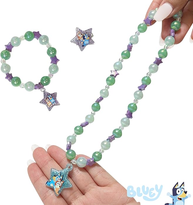 LUV HER Bluey Girl's Jewelry Set - Dress up Toy Jewelry Box Set with Bead Necklace, Bracelet and Ring - Play Accessories - Ages 3+