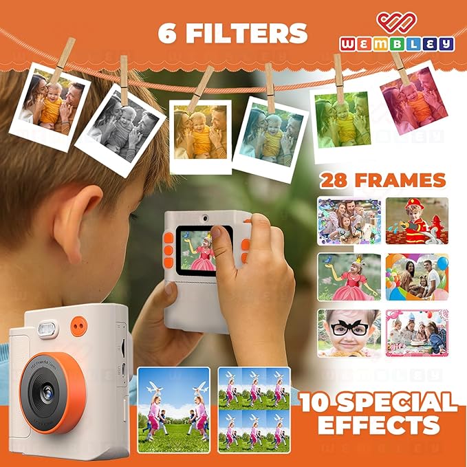 Wembley Kids Instant Print Camera with Dual Lens, 48MP, 1080P HD, 2.4" IPS Screen, 16X Zoom, 32GB SD Card, Thermal Printing, 6 Pens, 4 Rolls, USB Type-C, for Girls & Boys- Cream