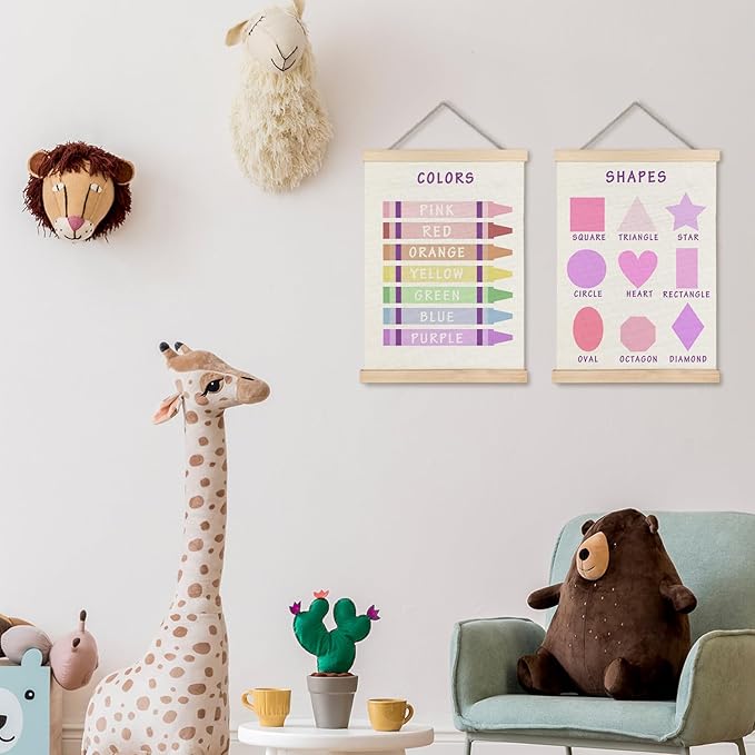 Supwhd Shapes Colors Posters for Classroom Wall, Shapes Colors Learning Poster Hanger Frame Wall Decor for Classroom Nursery Kids Room Playroom Preschool Decor, 12x16 Set of 2（Purple）