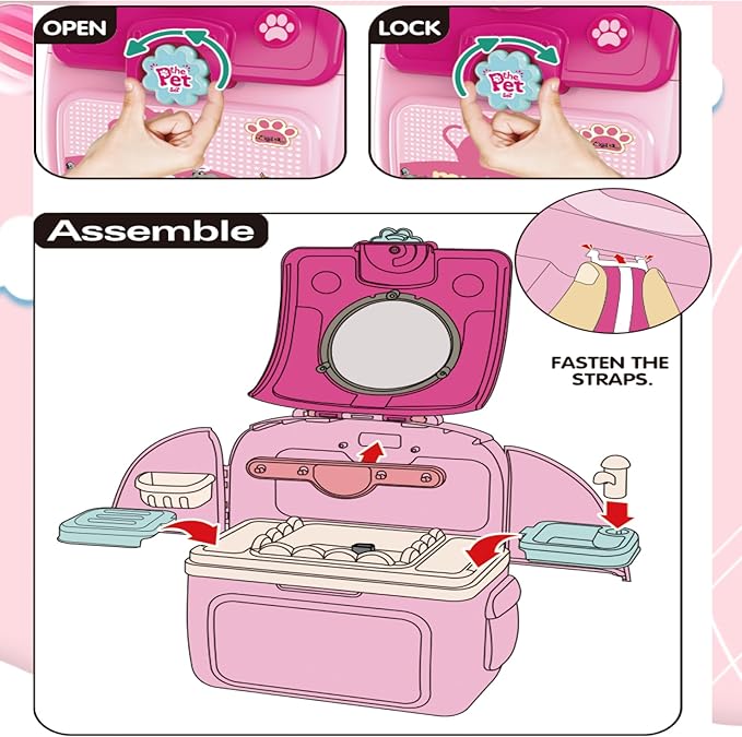 Pet Cat Carrier Backpack Toy, MAGIC4U 23PCS Pet Care Playset,Vet Clinic and Doctor Kit for Kids, Veterinarian Pretend Play Set for Boys and Girls Ages 3-6 Pink