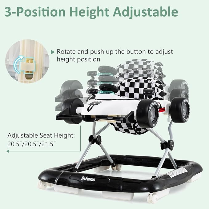 INFANS 4 in 1 Baby Walker, Foldable Toddler Activity Center with Adjustable Height, Padded Seat, Music, Light, Removable Tray, Push Walker for Girls Boys Aged 6-18 Months (Ivory)