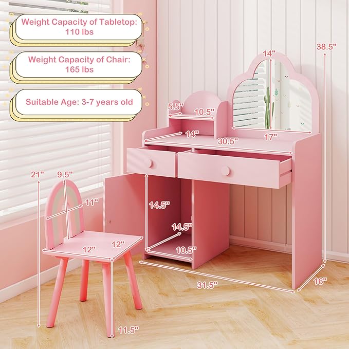 HONEY JOY Kids Vanity, Cloud Shape Wooden Girls Vanity Set with Mirror and Stool, Drawers, Storage Cabinet, Toddler Makeup Desk Dressing Table, Pretend Play Kids Vanity Table and Chair Set (Pink)