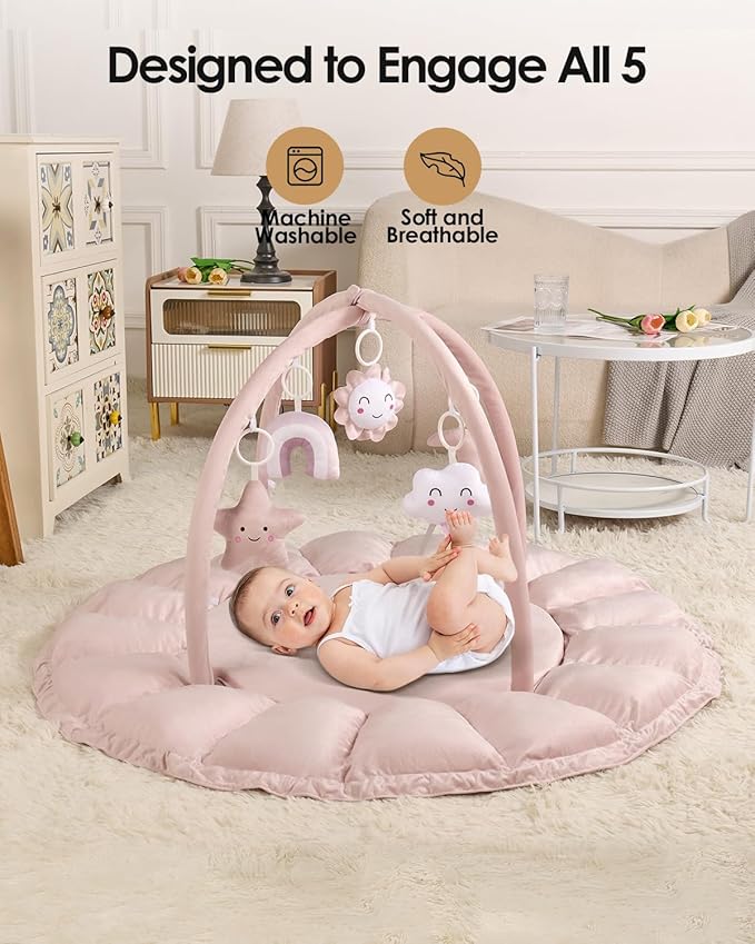 5-in-1 Convertible Baby Gym Play Mat with Hanging Toys, Soft Padded Baby Lounger & Ball Pit, Plush Tummy Time Mat for Newborns to Toddlers, Machine Washable, Pink