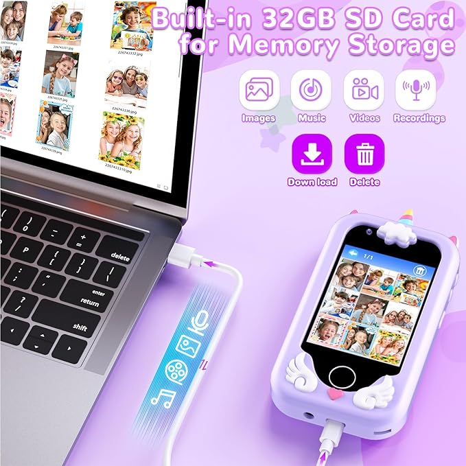 Lapare Kids Smart Phone Toy for Girls, 2.8" Touchscreen Toddler Learning Play Toy Phone with Dual Camera, Game, Music Player, 32GB SD Card, Christmas Birthday Gifts for Girls Age 3-10(Purple)