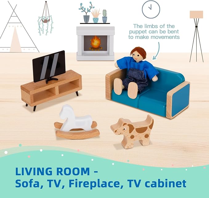 OOOK Wooden Dollhouse Furniture Set for Kids, 26 Pcs Dollhouse Accessories with 4 Family Dolls and Dog, Miniature Doll House Furniture Toys Pretend Play Set for G irls Boys Age 3+