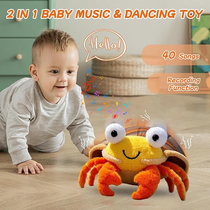 Baby Crawling Toys 12-18 Months - Musical Crawling Crab Plush Toy with 40+ Songs, Recording Features - Dancing Walking Moving Bouncing Learning Toy for 1 Year Old Boy Girl Babies Toddlers