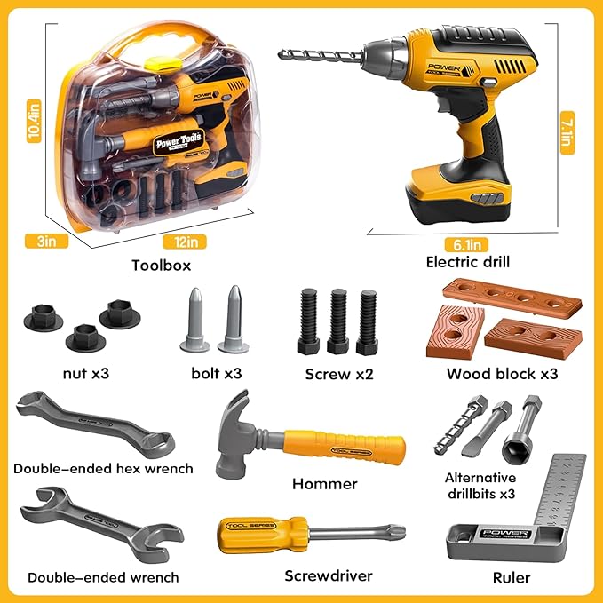 Pretend Play Kids Construction Kits, Kids Tool Set with Electronic Toy Drill & Tool Box, Toy Tools for 3 4 5 6 7 8 Year Old Boys & Girls
