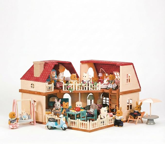 Family Grand Doll House — Light-Up 2-Story Cozy Cabin with Furniture & Bunny Figure, Complete Dollhouse Playset for Creative Pretend Play, Gift for Kids Ages 3+