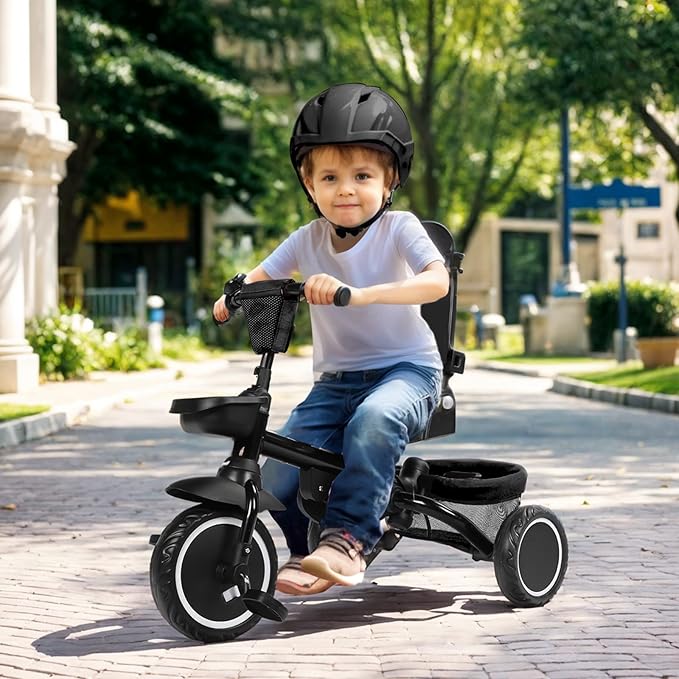 Kinder King Kids Tricycle, 8 in 1 Folding Toddler Trike w/Adjustable Push Handle, Rotatable Seat, Adjustable Canopy, Bell, Five-Point Harness, Storage, Toddler Stroller Bike for Age 6 Months+, Black