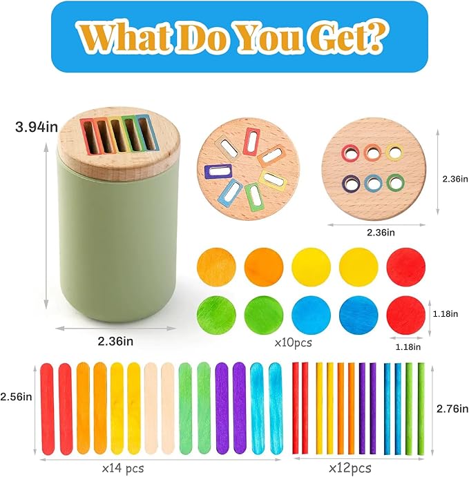 Montessori Wooden Stick Color Sorting Toys for 3 Year Old, Dual Play Educational Preschool Learning Fine Motor Skills Sensory Toys for Toddlers 3-5 Girl Boy Birthday Gifts (Silicone Bucket)