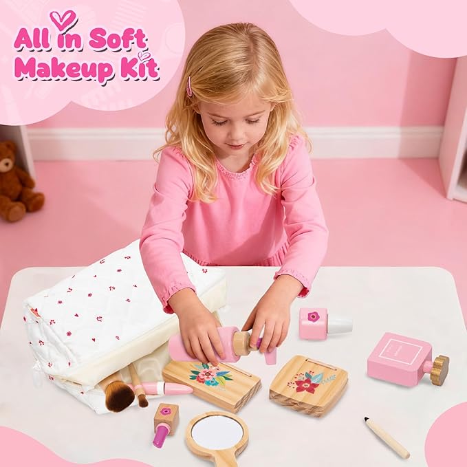 Wooden Makeup Toy Set for Toddler [2026] Play Makeup Kit for Girls 3-5 with Pretend Wood Lipstick/ Mirror/ Brushes/ Cosmetic Set Beauty Girl Birthday Gift Age 3 4 5 6