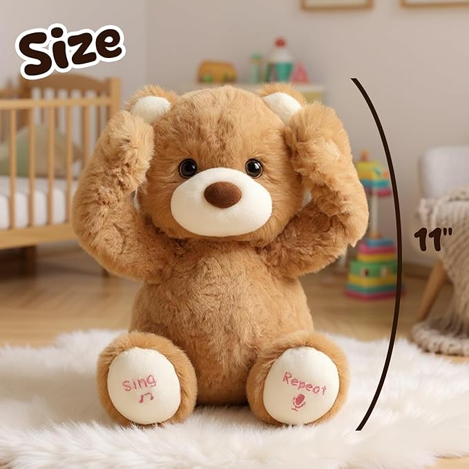 Hopearl Peek A Boo Bear Interactive Repeats What You Say Plush Teddy Bear Toy Musical Singing Talking Stuffed Animal Adorable Electric Animate Gift for Toddlers, Brown, 11''