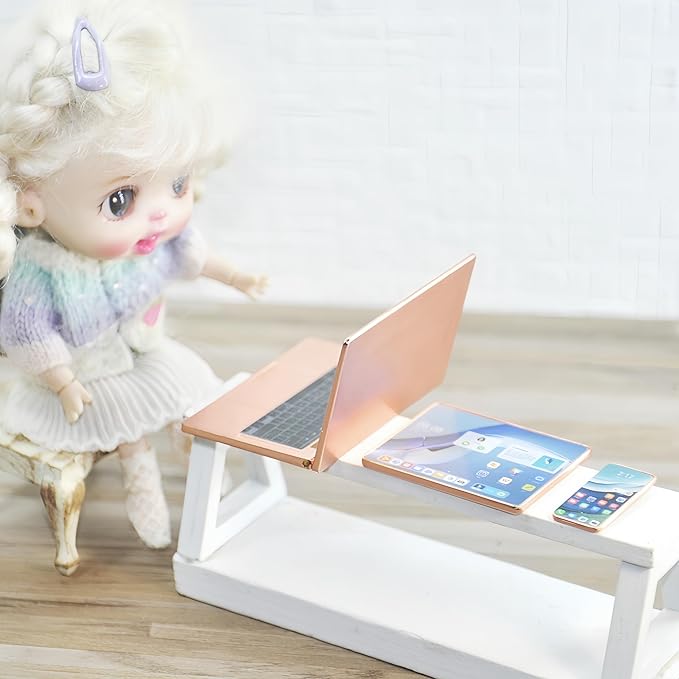 Dollhouse Decoration Miniature Accessories Dollhouse Worlds Smallest Computer Laptop Tablet Phone Simulation Accessories for Doll 1:6 1:12 Miniatures Play Set (Rose Golden)
