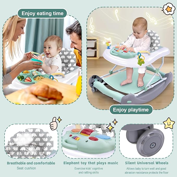 5 in 1 Foldable Baby Walker, Activity Baby Walker-Baby Bouncer, Rocker, Activity Center,Seat and Push Walker,Detachable Trampoline Mat, Adjustable Speed Rear Wheels and Height,Ages 6-18 Months(Mint)