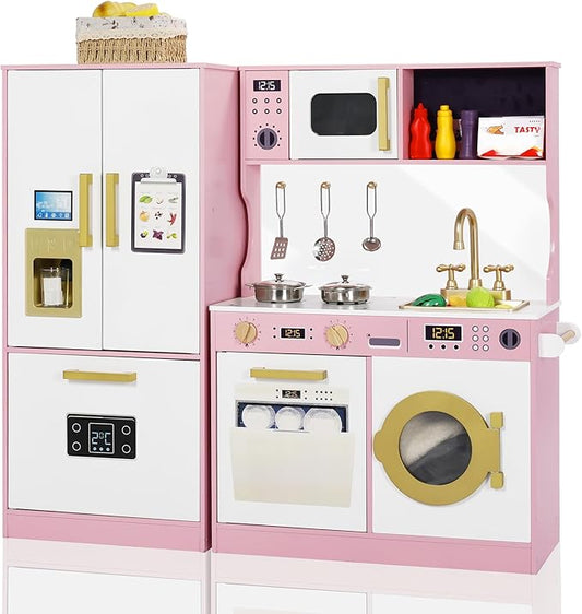 Play Kitchen Sets for Kids, Pretend Wooden Kids Kitchen Playset, Interactive Toy Kitchen with Freezer, Washing Machine, Ice Maker & Large Storage Space, for Boys Girls Ages 3+, Pink