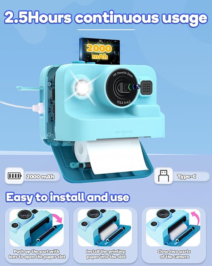 Kids Camera Instant Print,1080P Kids Instant Cameras That Print Photos,Christmas Birthday Gifts for Girls Age 3-12,Portable Toy for 3 4 5 6 7 8 9 10 Year Old Girls Boys-Blue