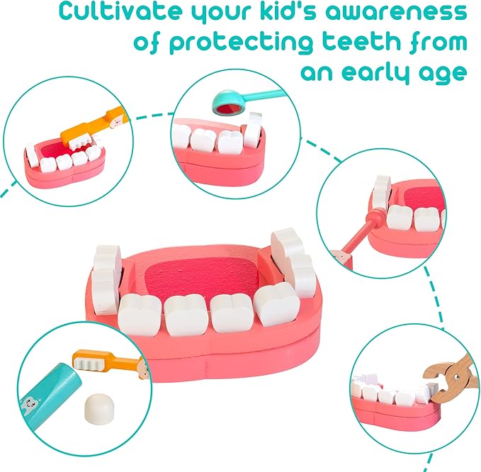 Wooden Dentist Kit for Kids, 41 Pieces Toy Medical Kit with Stethoscope & Medical Storage Bag, Montessori Pretend Doctor Kit Toys for 3 4 5 6 Years Old Boys Girls