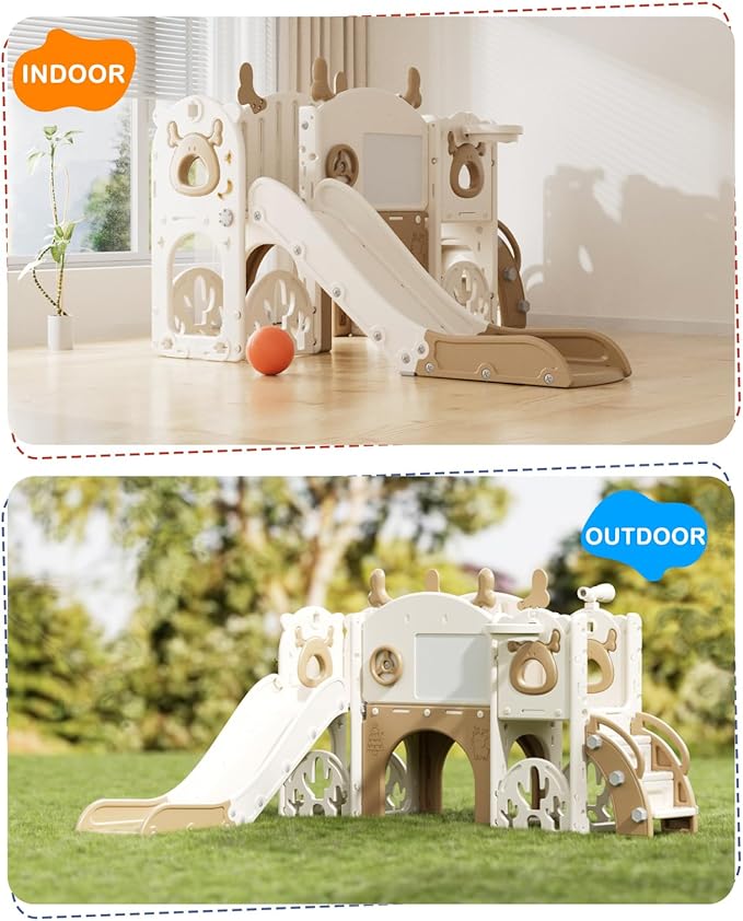 YUFU 13 in 1 Kids Slide for Toddlers, Toddler Slide Playset with Golf, Drawing Board, Climber, Basketball Hoop and Storage Space, Indoor Outdoor Toddler Playground for Kids Age 1-3 (Brown)