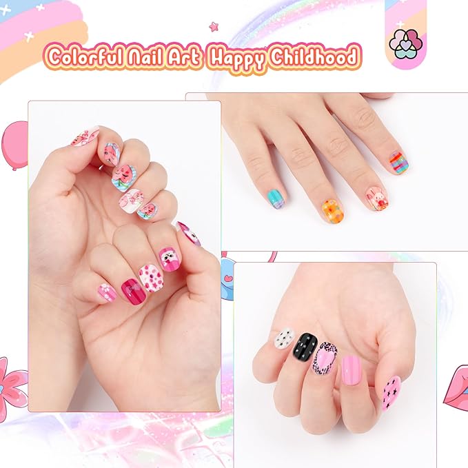 SAVILAND Press on Nails for Kids 7-day Styling: 168PCS Kids Press on Nails for Girls Colorful Patterns Full Cover Short Square Fake Nails False Nail Art Set Christmas Easter Gifts 8-12 Years Child