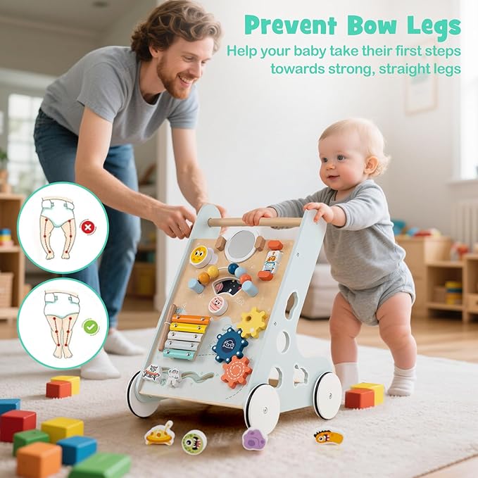 HONEY JOY Baby Push Walker, Wooden Infant Walker Activity Center with Shape Sorter, Develop Motor Skills & Creativity, Push Toys for Babies Learning to Walk, Gift for Boys and Girls, Light Blue