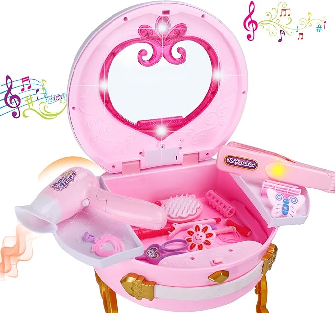 Portable Princess Vanity with Real Mirror, Toddler Makeup Vanity & Styling Tools, Lights and Sounds, Girls Toys Gifts for 3-12 Year Old Kids Birthday Gift