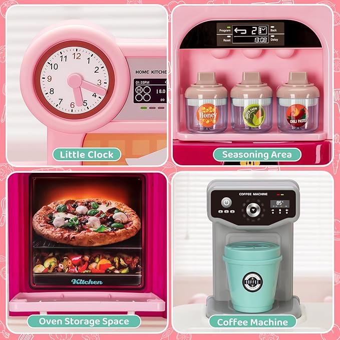 Kids Play Kitchen Set, Toddler Kitchen Playset with Light & Sound, Cooking Stove, Play Sink, Coffee Maker, Play Food Toy and Kitchen Accessories, Kitchen Toy for Kids Girls Boys - Pink