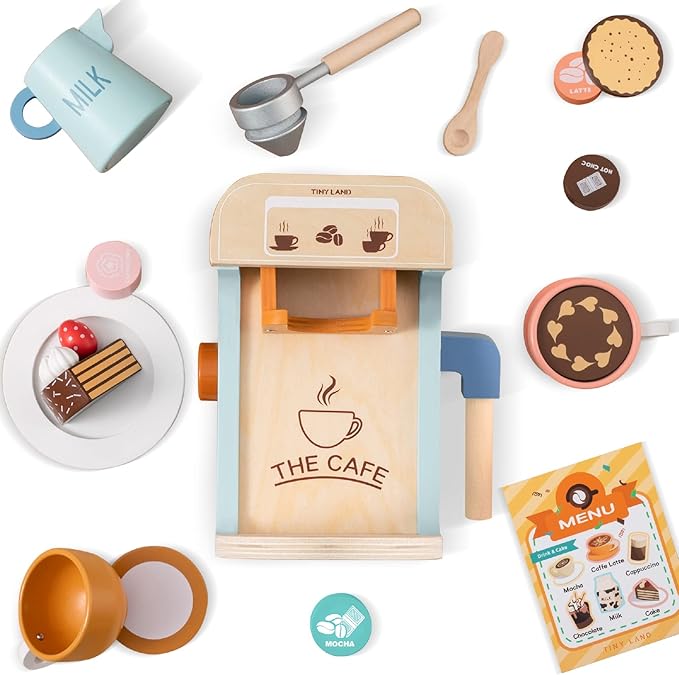 Tiny Land Kids Coffee Maker Wooden Kitchen Toys - 17Pcs Toy Coffee Maker Playset - Wooden Play Toys, Play Kitchen Accessories for Girls & Boys