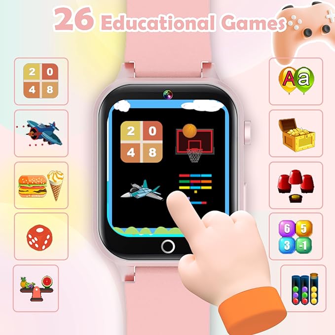 Luyiilo Kids Games Watch, with 26 Puzzle Games, Touch Screen, HD Camera, Alarm Clock, Toys for Ages 4-12 Years Old.Birthday Gift for Boys Girls (Soft Pink)
