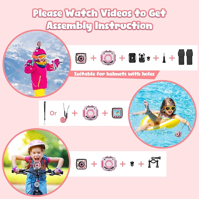 PROGRACE Kids Waterproof Camera - Birthday for 3-12 Year Old Girls 1080P HD Underwater Video Camera for Kids Pool Toys Toddler Digital Cameras with 32GB SD Card Pink