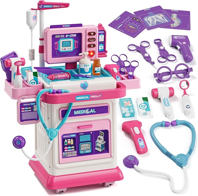 Lehoo Castle Doctor Kit for Toddlers 3-5 Pink, Gifts for Girls 2-4 Years Old, Kids Doctors Play Set, Mobile Cart with Lights and Sound, Toys for Girls 3+ 4 5 Years Old, Christmas