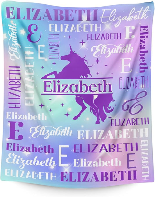 Girls Blankets, Custom with Name Unicorn Throws Gifts for Kids Teens Women, Personalized Soft Comfy Monogram Flannel Fleece Blanket for Bed Couch Sofa Home Decor, Unicorn Stuff Themed Gifts