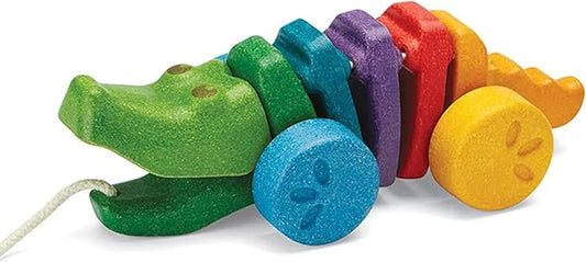 PlanToys® Rainbow Dancing Alligator Pull Toy for Toddlers | Eco-Friendly Wooden Toy with Click-Clack Sound | Walking Toy for Babies
