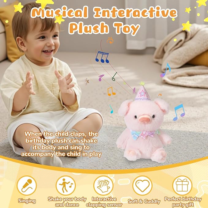 Birthday Interactive Pig, Musical Birthday Stuffed Animal, Clapping Activates Singing Dancing Shaking, Cute Pig Plush Recording Mimicking Toy Gifts for Kids Girls Boys