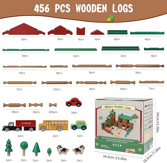 Wondertoys 456Pcs Big Villa Wooden Log Set Real Wood Logs Classic Building Log Ages 3+ Best Retro Building Gift Set Creative Construction Engineering Educational Gifts