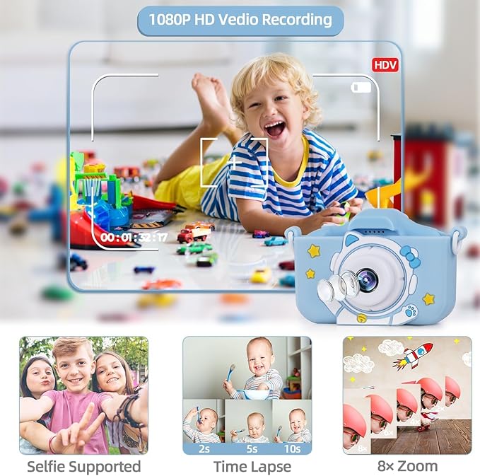 Kids Camera for Boys Age 3-12, Toddler Digital Camera, Multifuntional & Creative Christmas Birthday Gifts Toy with 32GB SD Card, Up to 48MP, 1080P HD Video, IPS Screen, Selfie Func, Games & Music