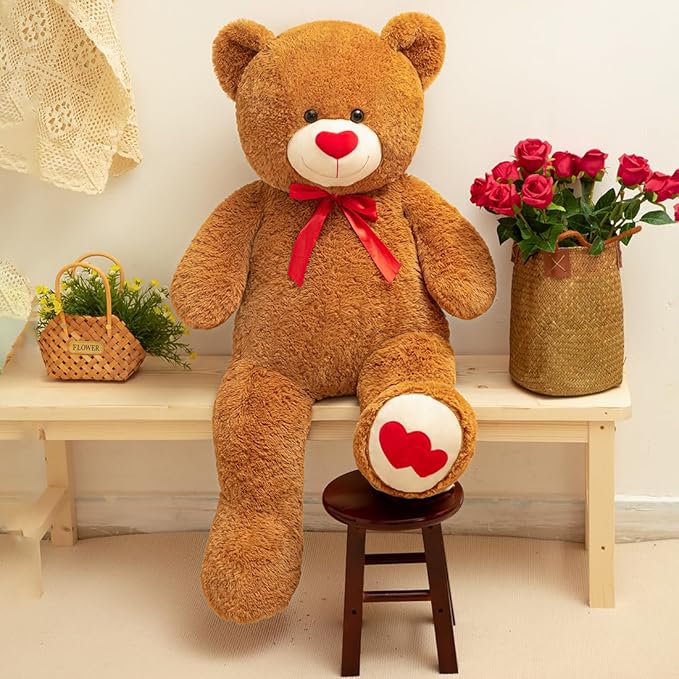 Big Teddy Bear 43.3 inch Giant Stuffed Animal Bears with Love Heart Cute Soft Large Plush Toy for Kids Girlfriend Valentine's Baby Shower, Dark Brown