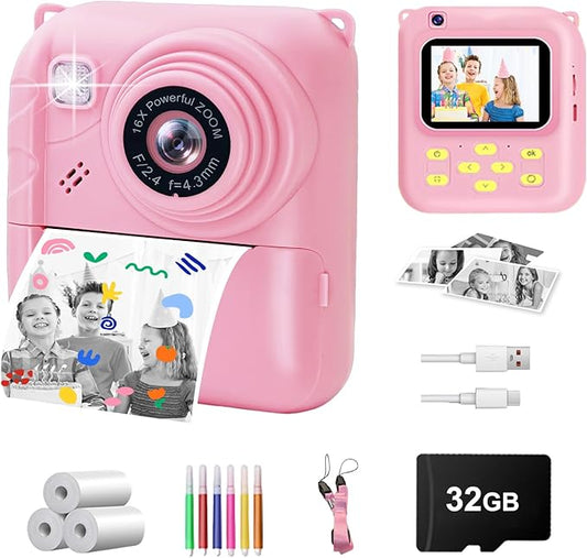 Instant Print Camera for Kids, 1080P Video Camera with 3 Print Rolls, 32GB Card & Cute Cover, Gift for Girls Boys Age 3-12, Toddler Digital Camera with Games, Filters, Music – Pink