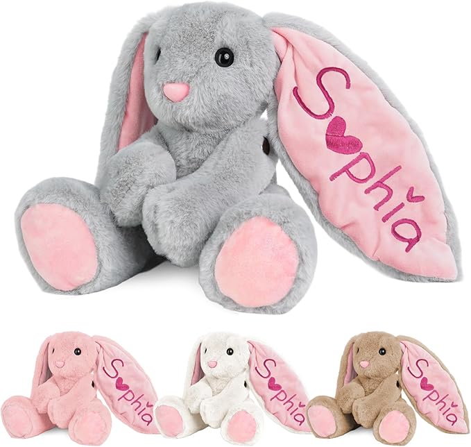 Personalized Bunny Plush with Embroidered Name, Custom Stuffed Animals for Babies, Bunnys Plush Toys for 3 Years Old Girl Gifts, Birthday Easter for Baby Boys Girls Toddlers Newborn (Bunny)