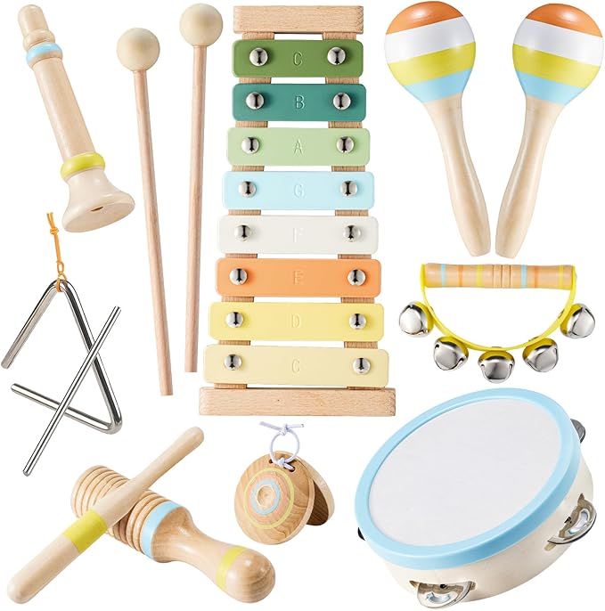 Baby Musical Instruments Set Montessori Wooden Music Toys for Toddlers 3 4 5 Neutral Color Percussion Music Kit with Drum, Xylophone,Storage Bag, Birthday Preschool Learning Gift for Boys Girls