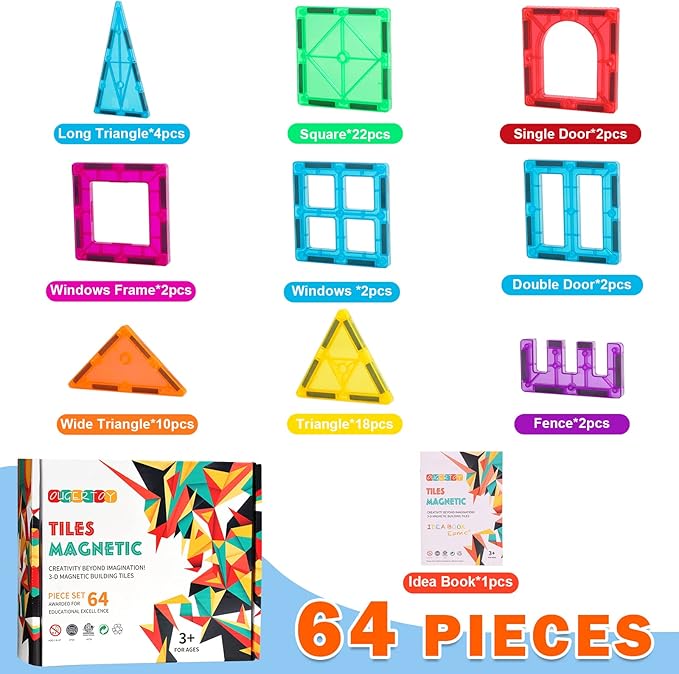 Magnetic Building Tiles for Kids,64 PCS Educational Magnetic Stacking Blocks for Boys Girls, Magnets Construction Toys,Stem Preschool Kindergarten Learning Toys