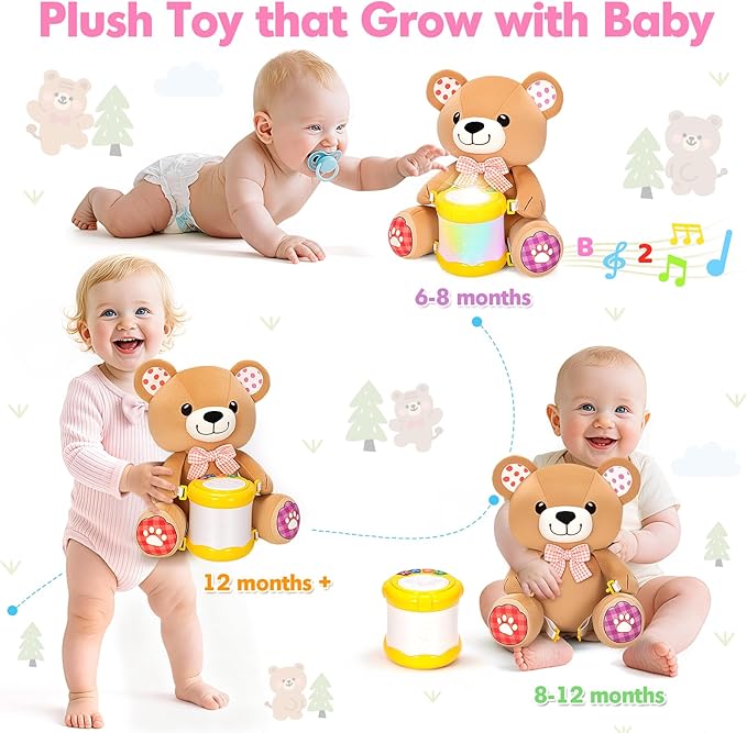 V-Opitos Stuffed Bear Musical Toys for Baby 6-12 Months+, Early Learning Light up Music Drum, Perfect Christmas Birthday Gifts for Boy & Girl Age 1, 2 Years Old