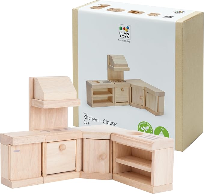 PlanToys Wooden Classic Line of Dollhouse Furniture- Kitchen Set (9013) | Sustainably Made from Rubberwood and Non-Toxic Paints and Dyes |PlanNatural Classic Wooden Toy Collection