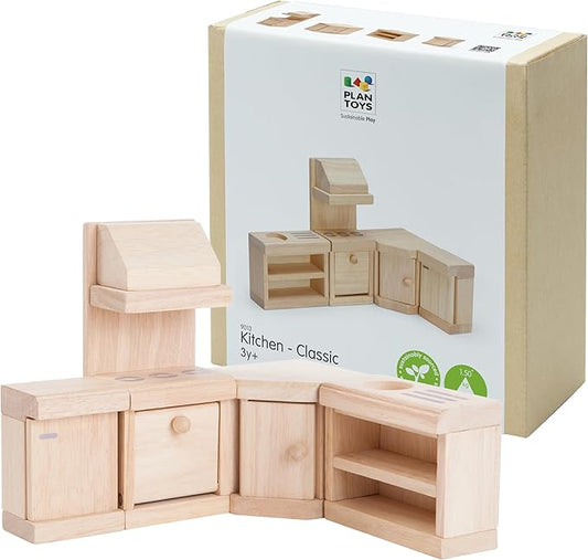 PlanToys Wooden Classic Line of Dollhouse Furniture- Kitchen Set (9013) | Sustainably Made from Rubberwood and Non-Toxic Paints and Dyes |PlanNatural Classic Wooden Toy Collection