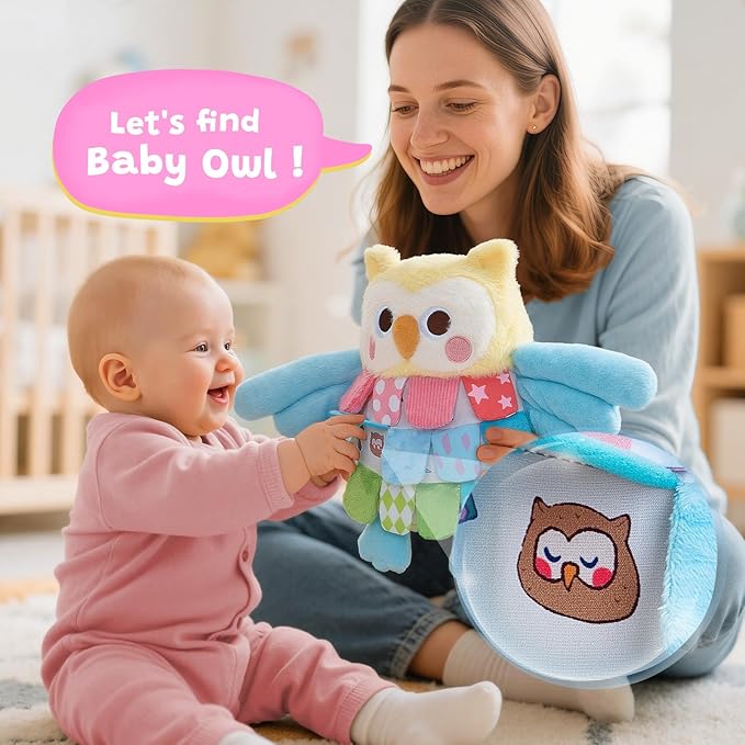 JoyCat Baby Tummy Time Toys 0-12 Months, Sensory Owl Stuffed Animal, Soft Montessori Infant Toy with Textured Crinkle Mirror, 13 Inch Carseat Toy for Newborn Boy Girl Shower Christmas Gift