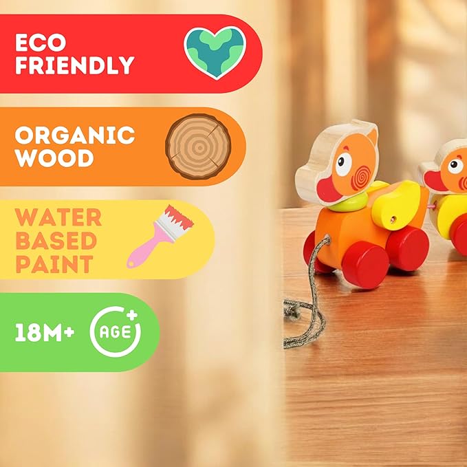 Cubika Wooden Walk Along Ducks – Pull Toys for Toddlers Ages 1-3 – Montessori Inspired, FSC-Certified Wood, German Water-Based Paint – Travel-Friendly Wooden Toy for Boys and Girls